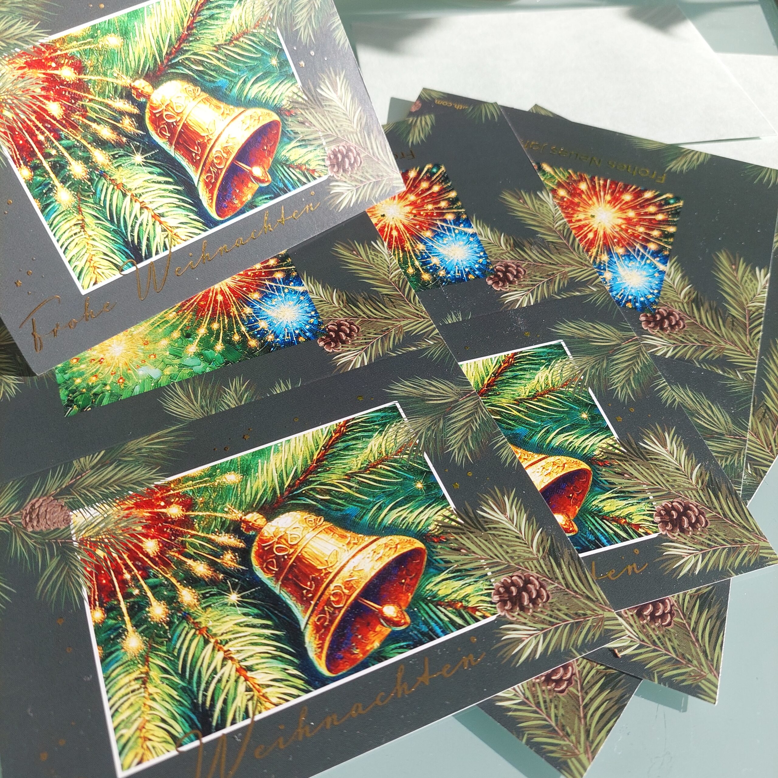 Set Goldene Glocke im Tannengrün Klappkarte mit goldener Schrift