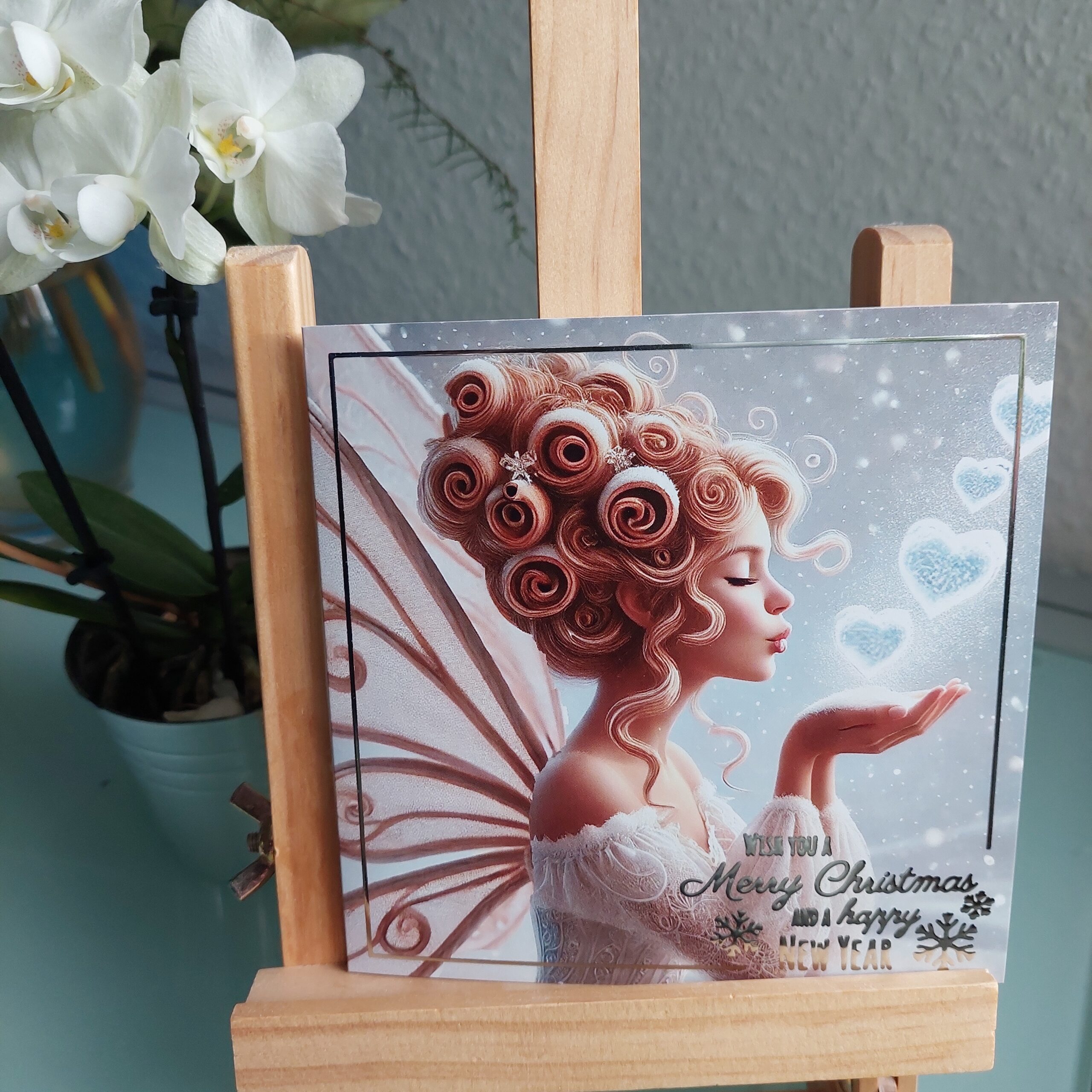 Weihnachtskarte mit einer Fee die Herzen verteilt