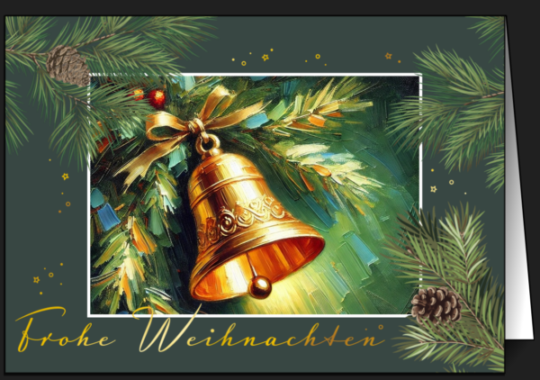 Weihnachtskarte mit einer goldenen Glocke, die an einem Tannenzweig hängt, umgeben von sattem Grün, Zapfen und leuchtenden Sternen.