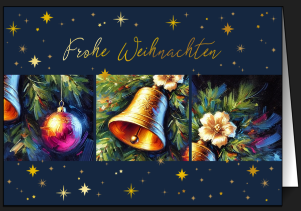 Weihnachtskarte mit goldener Glocke, Weihnachtskugel und Tannenzweig vor einem sternenreichen Nachthimmel.