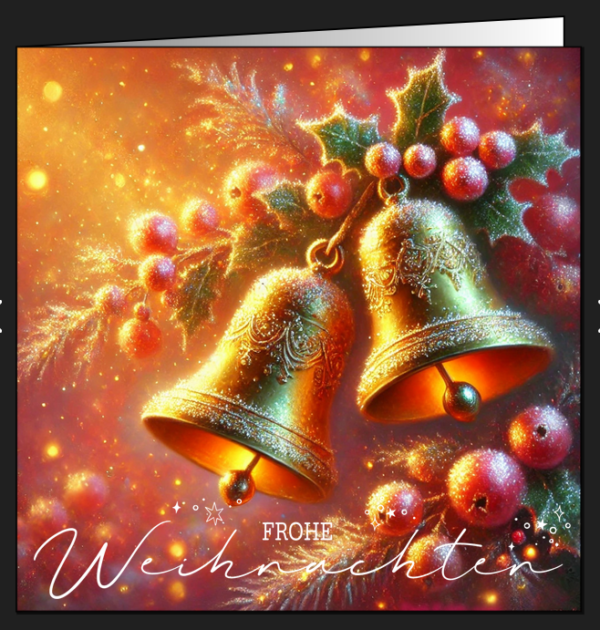 Vorderseite einer Weihnachtsklappkarte mit goldenen Glocken, umgeben von Beeren und winterlichen Zweigen, gestaltet in frohen Farben wie Gold, Orange und Pink.