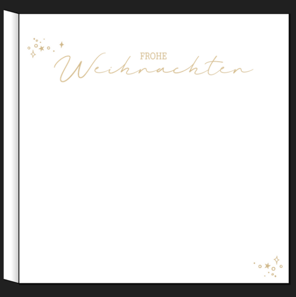 Innenseite einer Weihnachtsklappkarte mit dem Schriftzug „Frohe Weihnachten“ in goldener, eleganter Schrift und dezenten Sternen sowie viel Platz für eigene Weihnachtsgrüße.