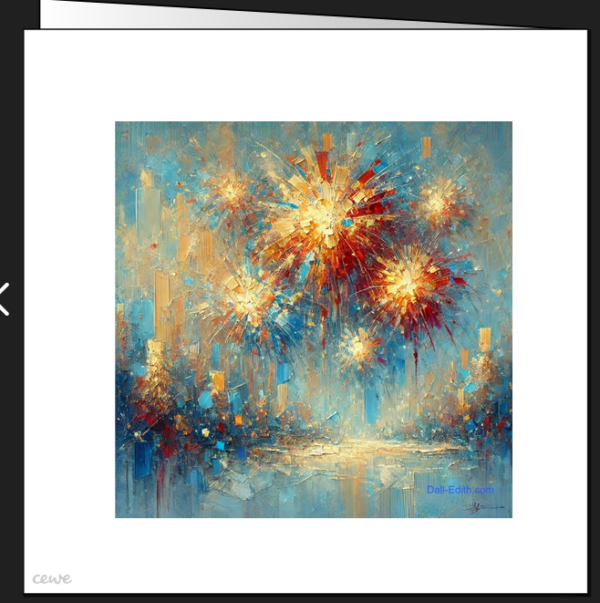 Rückseite einer Klappkarte mit einem impressionistischen Motiv von Silvesterfeuerwerk in Gold, Blau und Rot, das eine festliche und dynamische Atmosphäre vermittelt.