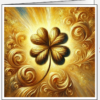 Ein goldenes vierblättriges Kleeblatt, umgeben von leuchtenden Wirbelmustern auf einem goldfarbenen Hintergrund.