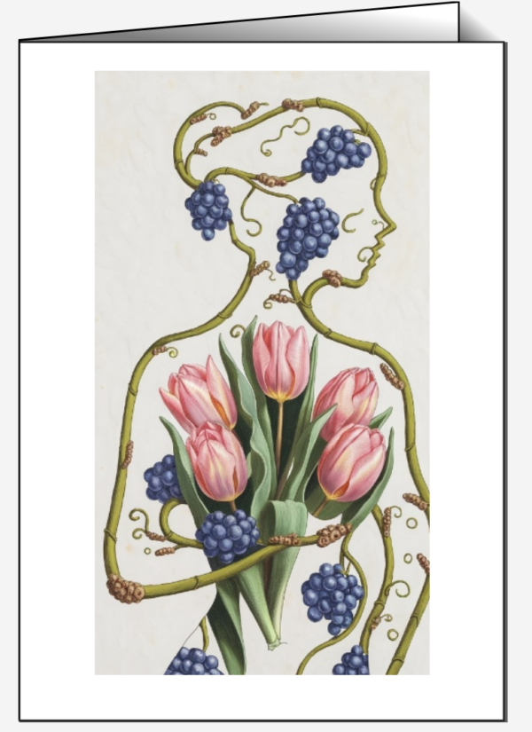 Illustration einer Silhouette aus grünen Traubenranken mit dunkelblauen Trauben und einem Strauß rosa Tulpen im Zentrum.