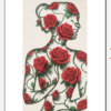 Illustration einer weiblichen Silhouette, die mit roten Rosenblüten und grünen Ranken bedeckt ist, vor einem neutralen Hintergrund.