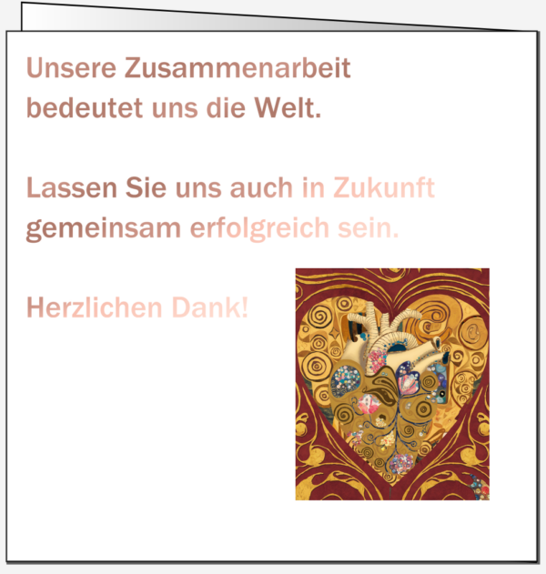 Innenseite einer Valentinstagskarte mit dem Text „Unsere Zusammenarbeit bedeutet uns die Welt.“ und einem kunstvollen Herzmotiv im Stil von Gustav Klimt.