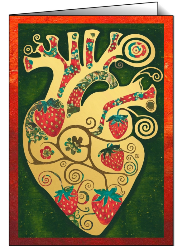 „Strawberry Symphony“: Künstlerische Klappkartenvorderseite mit goldenem Herz, verziert mit Erdbeeren und geschwungenen Ornamenten, in einem edlen Rot-Grün-Design.