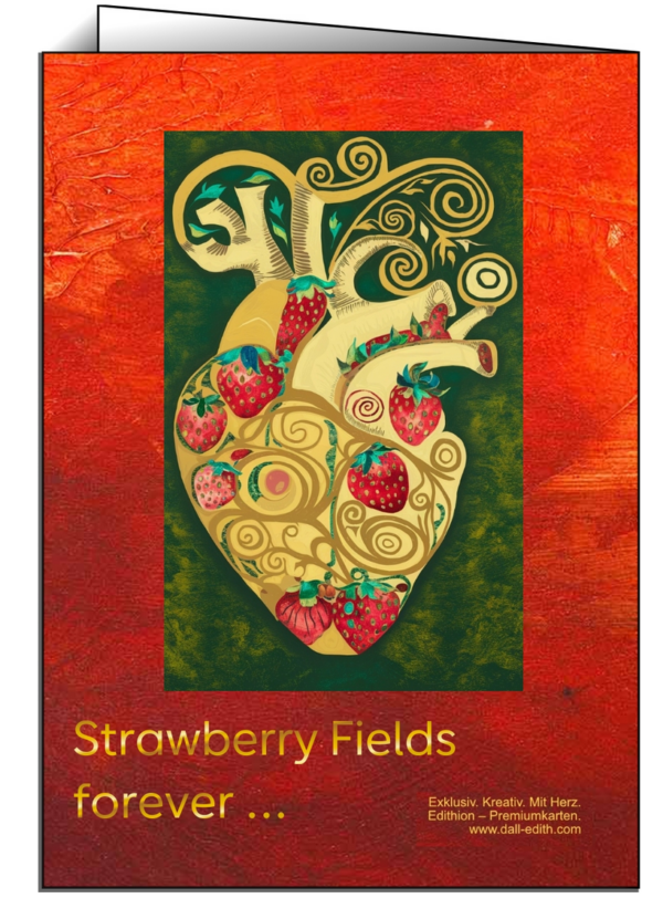 Rückseite der Klappkarte ‚Strawberry Symphony‘ mit Branding: Exklusiv. Kreativ. Mit Herz. Edithion – Premiumkarten.