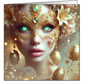 Luxus-Osterkarte mit goldener Maske, filigranen Ornamenten und grünen Edelsteinen. Ein kunstvoller Ostergruß mit exklusivem Design.