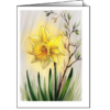 Edle Frühlingsgrußkarte mit einer strahlenden Narzisse auf hellem Aquarell-Hintergrund. Perfekt für geschäftliche und persönliche Frühlingsgrüße.