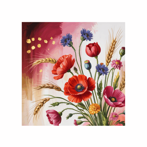 Rückseite der Klappkarte: "Korn. Blumen. Dank."