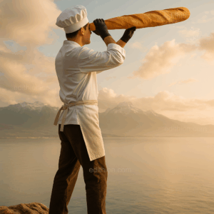 „Bäcker schaut mit einem Baguette-Fernrohr von einem Felsen über das Wasser auf die Berglandschaft.“ Prickelnde Perspektiven für das Bäckerhandwerk