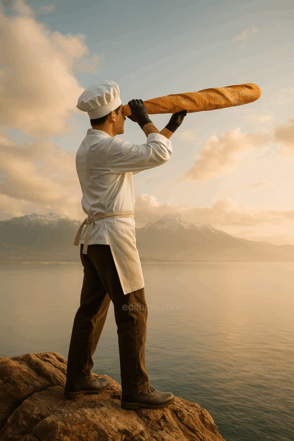 „Bäcker schaut mit einem Baguette-Fernrohr von einem Felsen über das Wasser auf die Berglandschaft.“ Prickelnde Perspektiven für das Bäckerhandwerk