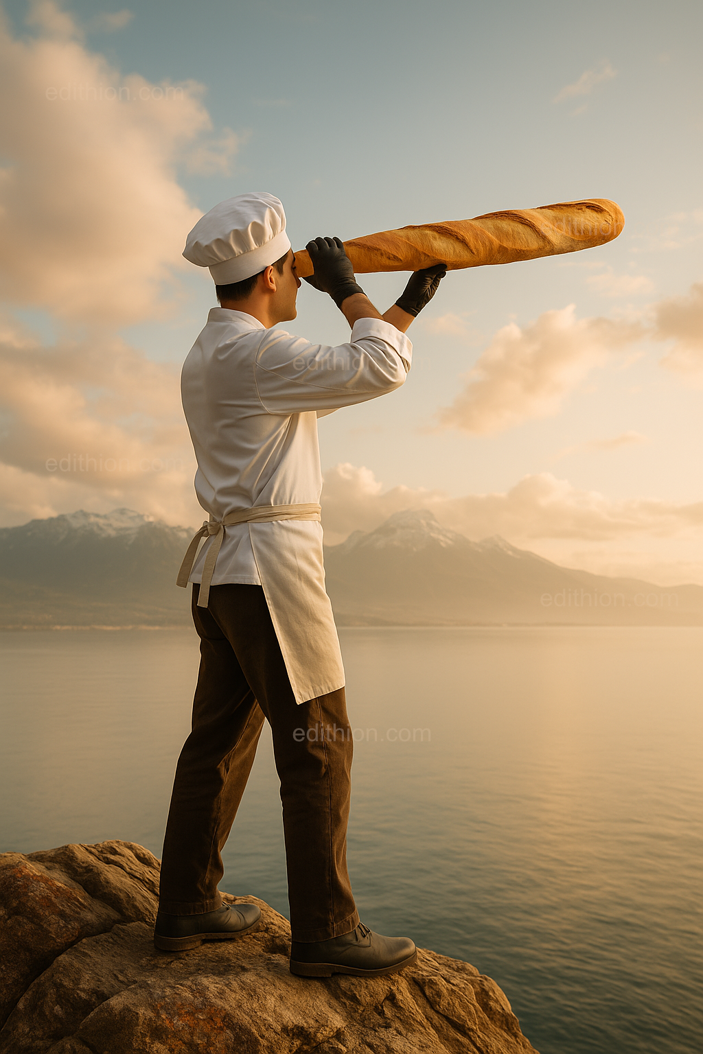 „Bäcker schaut mit einem Baguette-Fernrohr von einem Felsen über das Wasser auf die Berglandschaft.“ Prickelnde Perspektiven für das Bäckerhandwerk