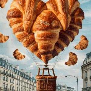 Zukunft zum Abheben zeigt ein Croissant als Heißluftballon über einer stilisierten Stadt.