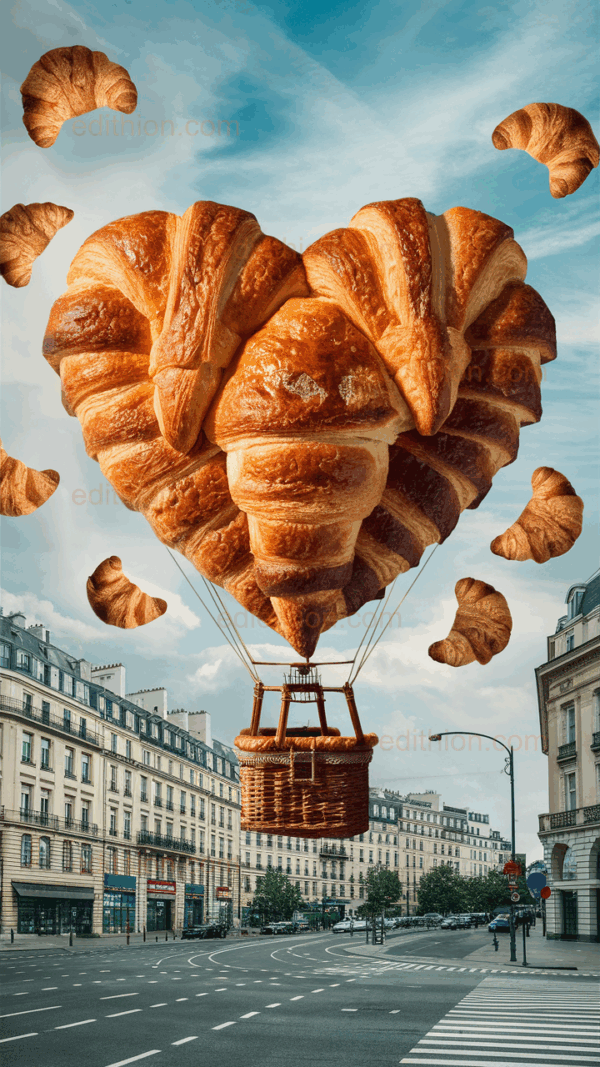 Zukunft zum Abheben zeigt ein Croissant als Heißluftballon über einer stilisierten Stadt.