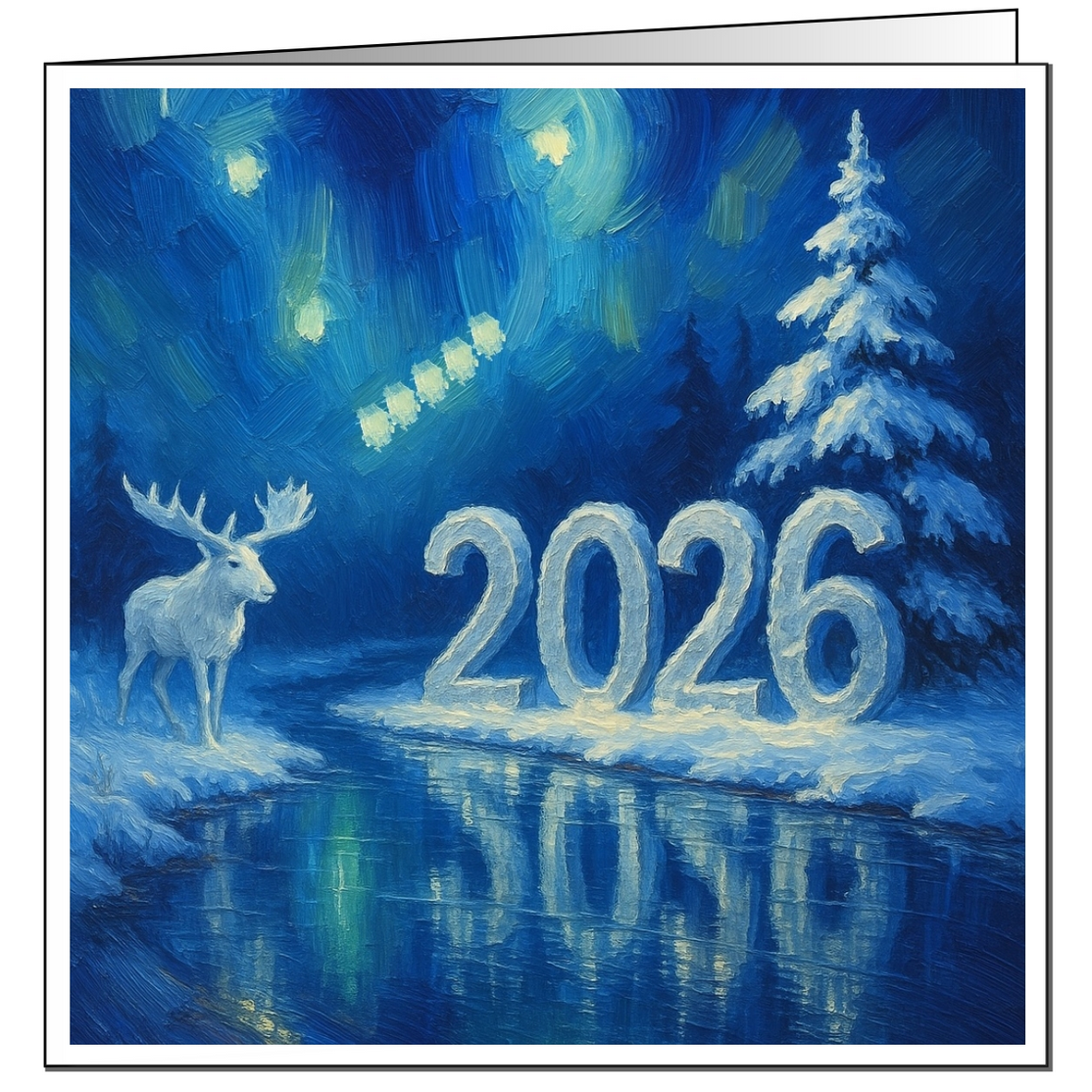 Weiße 2026 aus Eis mit Spiegelung im Fluss, Polarlichter, verschneite Tanne und weißer Elch in winterlicher Landschaft.