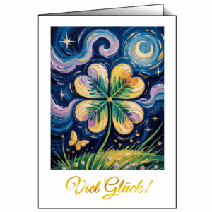 Klappkarte „Sternenklee – Starry Clover“: großes vierblättriges Kleeblatt vor blauem Sternenhimmel, unten der goldene Schriftzug „Viel Glück!“