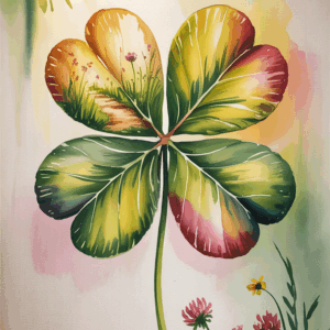 Aquarell einer Glückskarte: großes vierblättriges Kleeblatt mit bunten Farbverläufen, darin zarte Landschaftsdetails, daneben eine fliegende Biene und sommerliche Wiesenblumen.