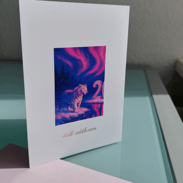 Klappkartenrückseite Polarlichter mit Tiger, Neujahrskarte 2026 in pink