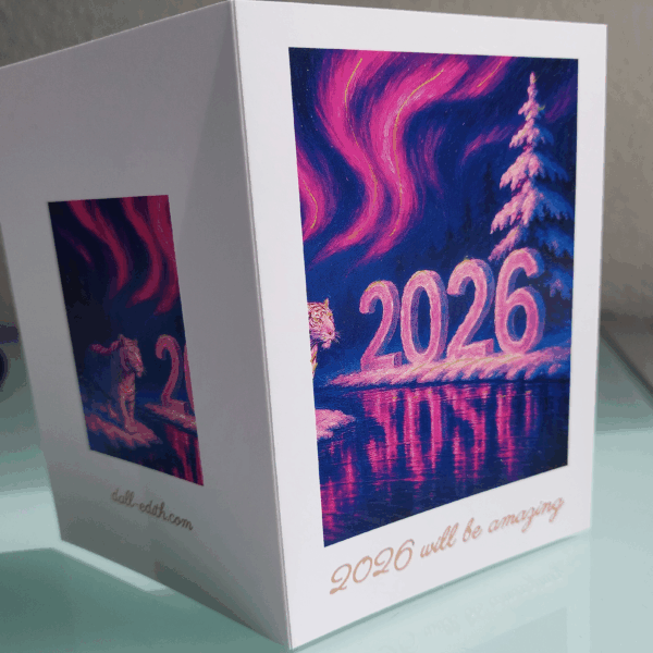Polarlichter mit Tiger Neujahrskarte 2026 in pink