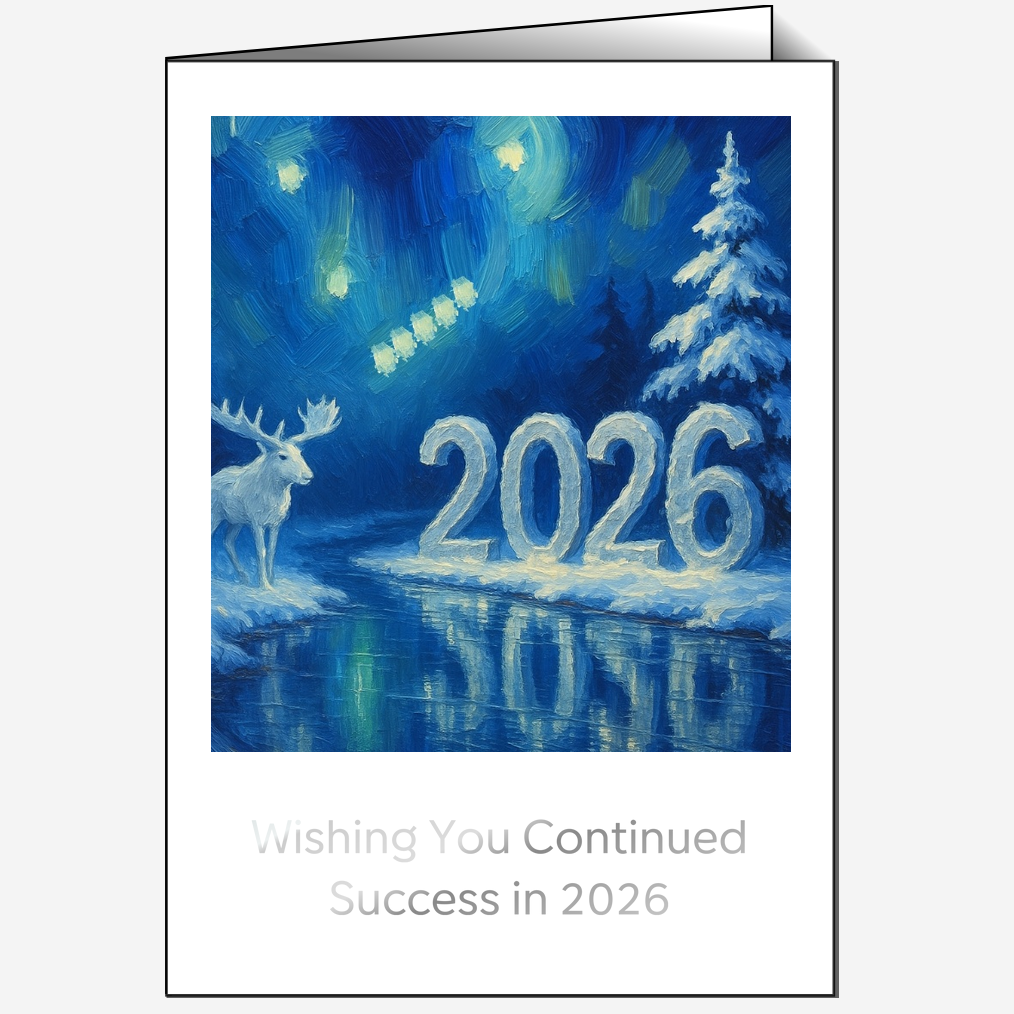 Klappkarte Lichterzauber 2026: Weißer Elch vor Polarlichtern und der Zahl 2026. Exklusive Neujahrskarte mit Silberbeschriftung