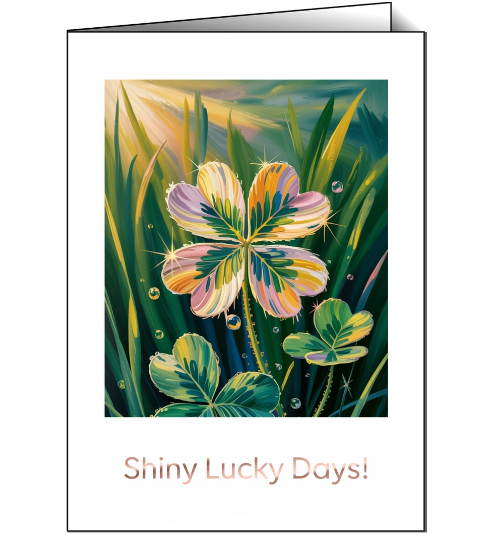 Vierblättriges Kleeblatt im Sonnenlicht mit funkelnden Reflexen – Karte „Shiny Lucky Days!“ von Edithion
