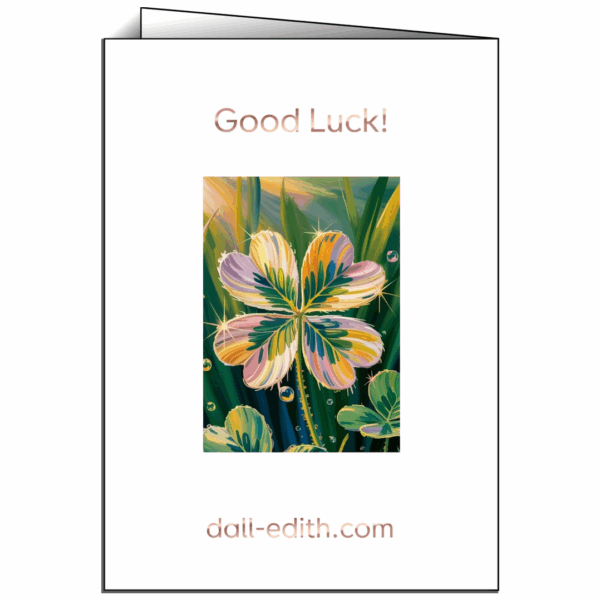 Rückseite der Glückskarte „Shiny Lucky Days!“ mit Kleeblattdetail und Aufschrift „Good Luck!“