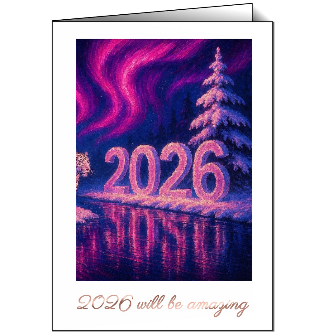 Klappkarte Lichterzauber 2026: Schneelandschaft mit Tiger, Polarlichtern und der Zahl 2026 in leuchtenden Farben. Exklusive Neujahrskarte.