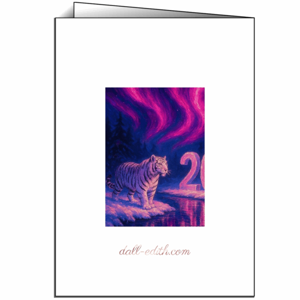 Rückseite der Klappkarte ‚Lichterzauber 2026‘: Weißer Hintergrund, kleines Bild mit Tiger und Polarlicht, darunter die Website dall-edith.com.