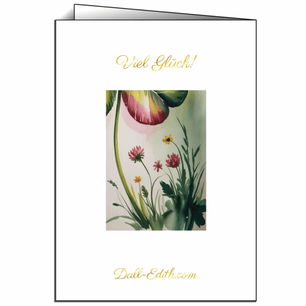 Rückseite der Glückskarte „Viel Glück“ mit Wiesenblumen und Kleeblattstiel exklusiv von Edithion