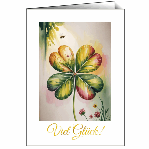 Vierblättriges Kleeblatt im Aquarellstil mit Biene – Glückskarte „Viel Glück“ von Edithion
