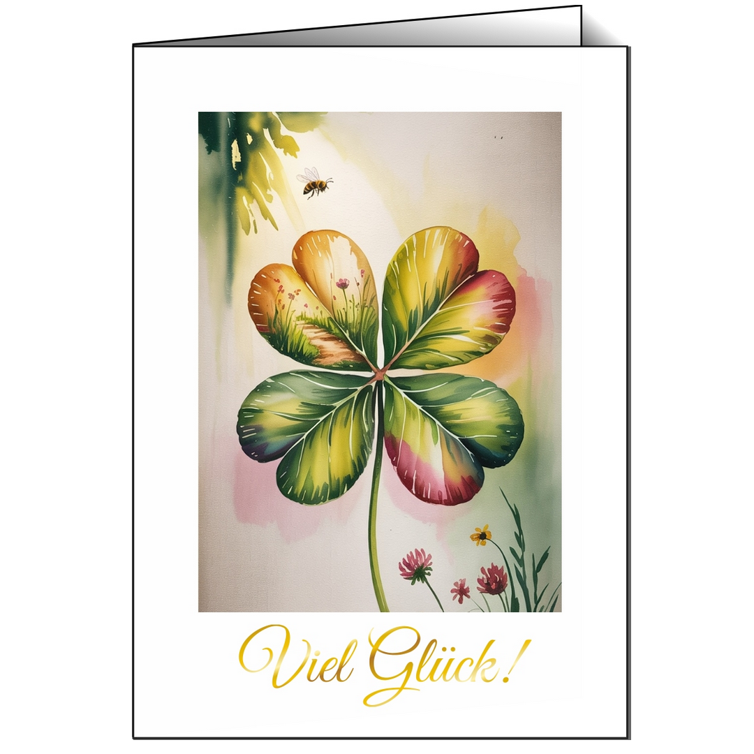Vierblättriges Kleeblatt im Aquarellstil mit Biene – Glückskarte „Viel Glück“ von Edithion