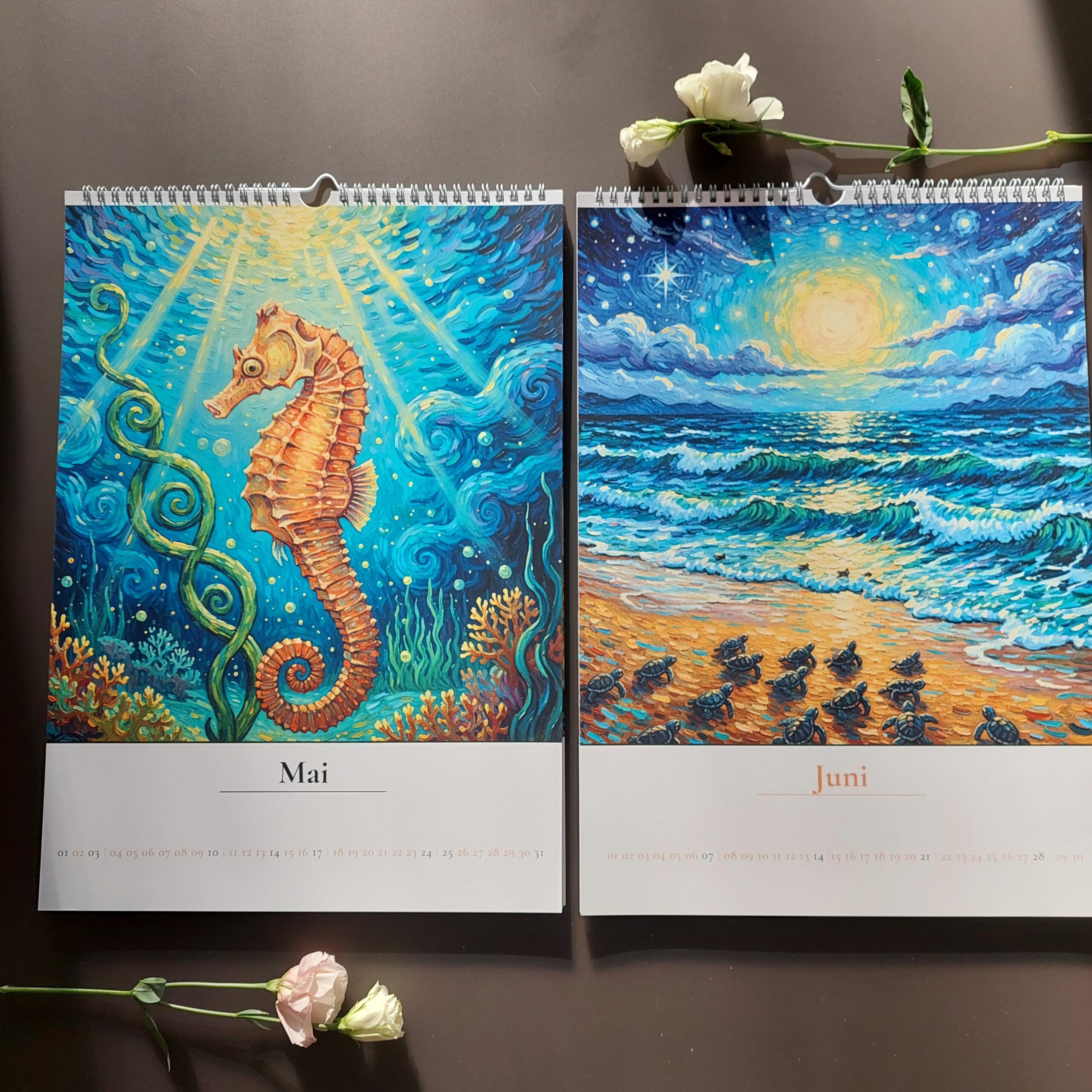 Kalender 2026 Seepferdchen und frisch geschlüpfte Schildkröten tapsen ins Meer