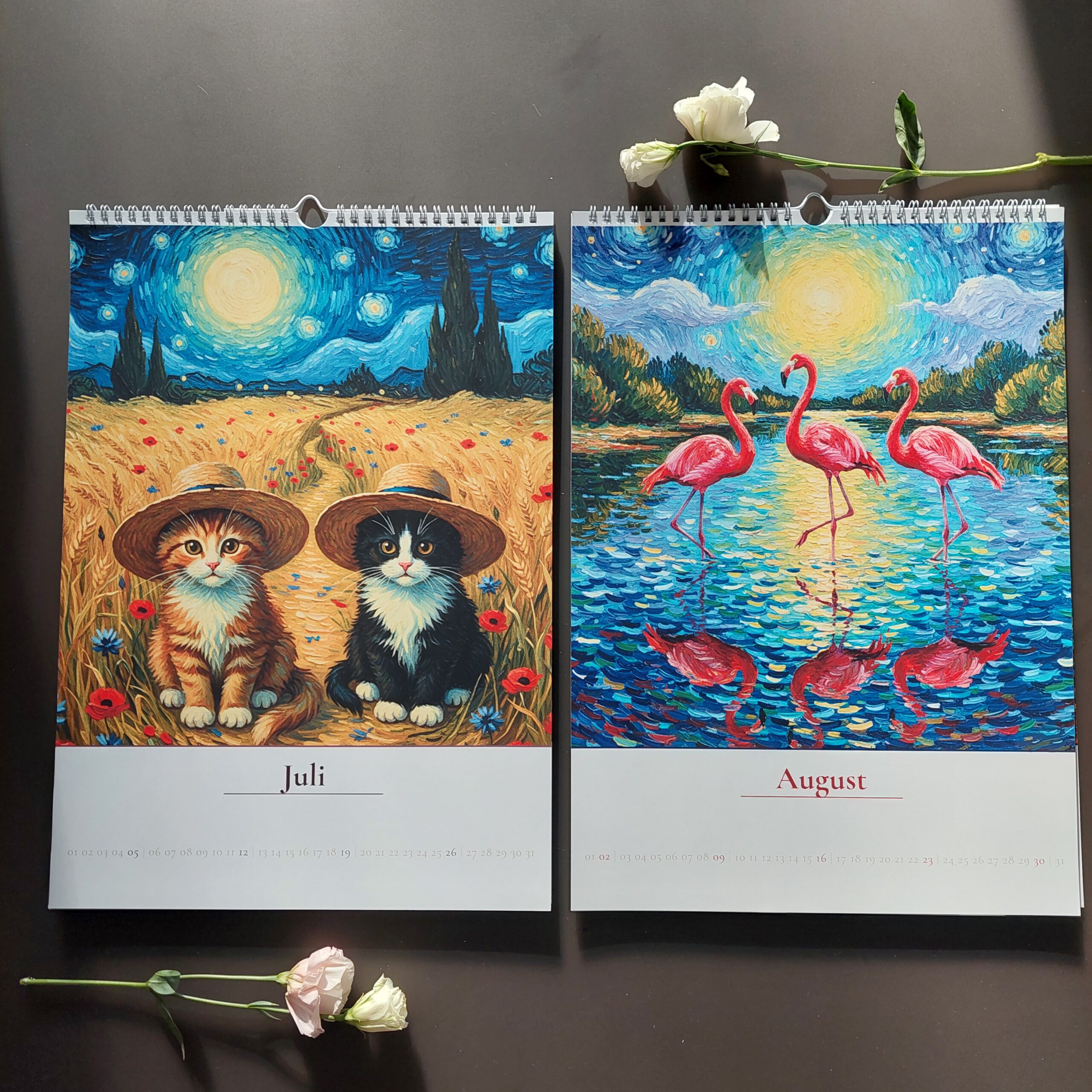 Kalender 2026 mit Katzen und Flamingos