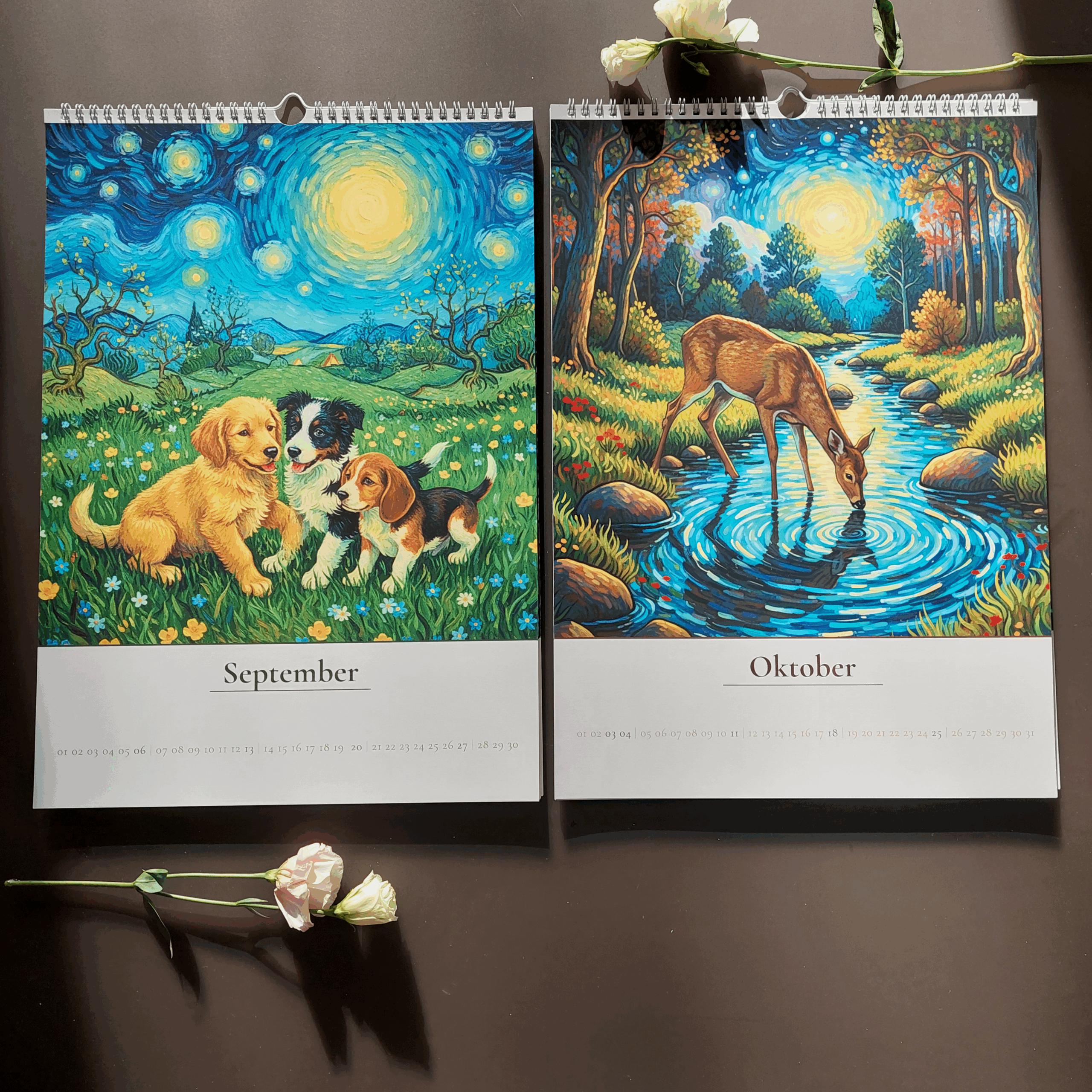 Kalender 2026 mit Hunden und Rehkitz