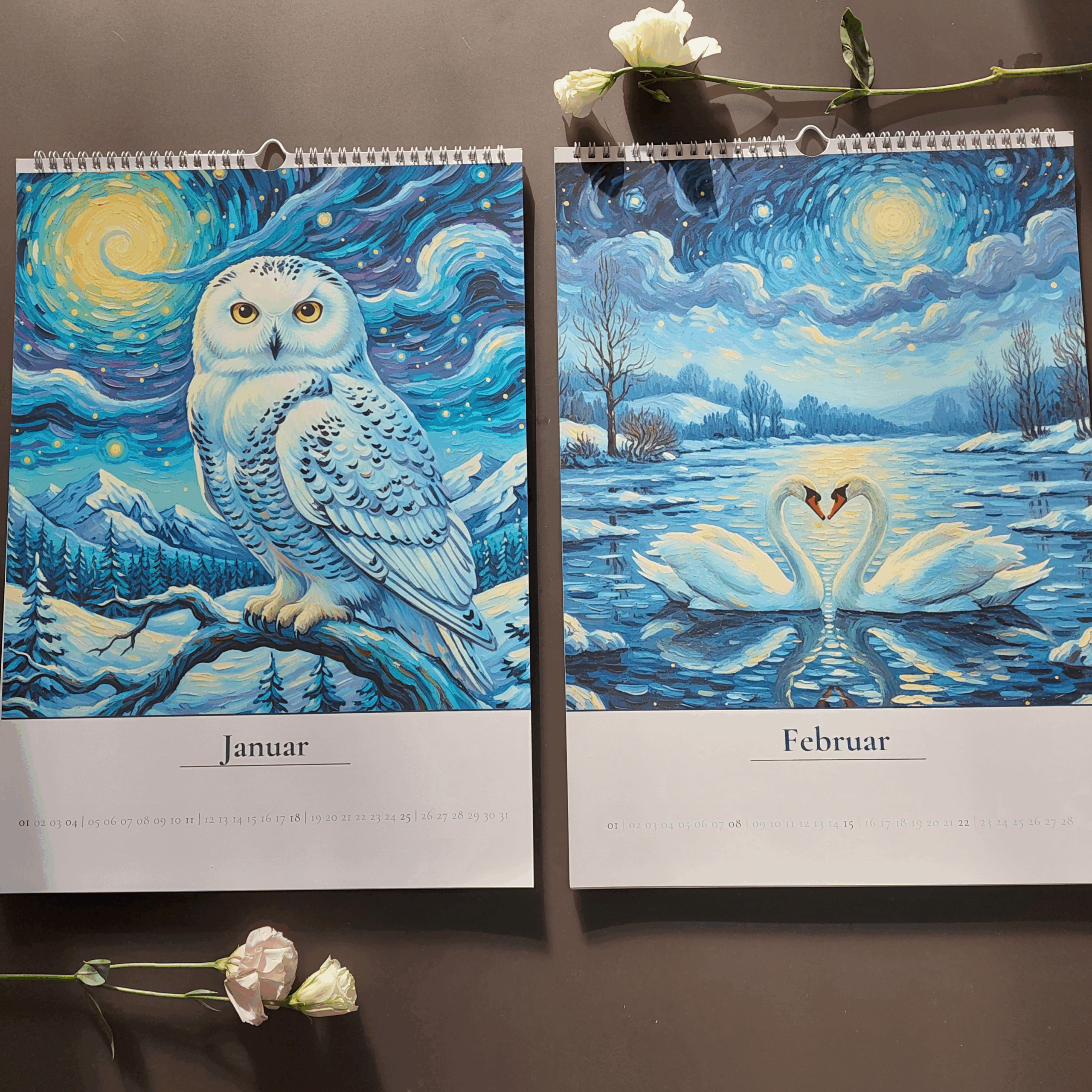 Kalender 2026 mit Eule und Schwänen