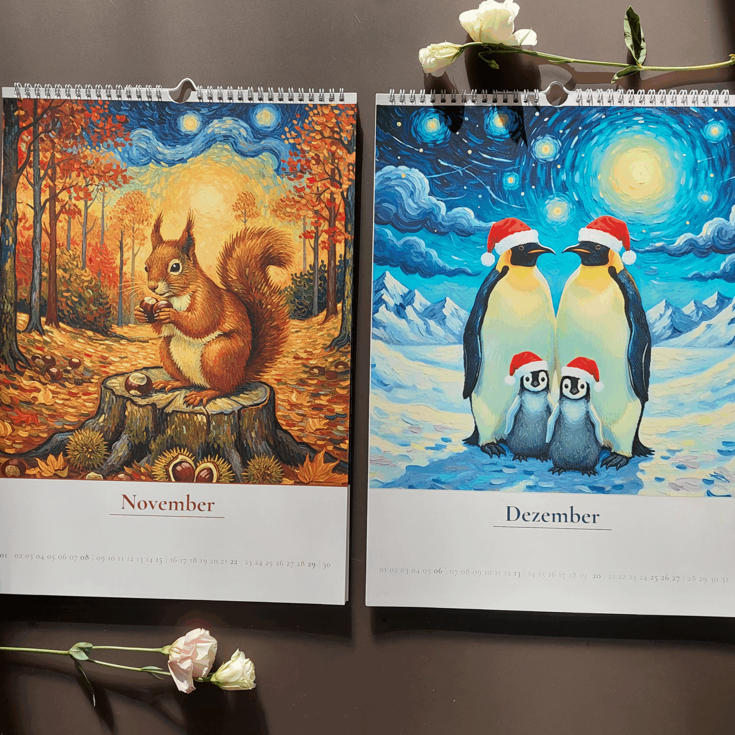 Eichhörnchen im Kalenderbild November 2026. Pinguine Dezember 2026