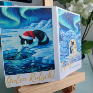 Katzen Weihnachtskarte – Iglu im Polarlicht – Klappkarte mit Softtouch