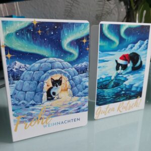 Katzen Weihnachtskarte – Iglu im Polarlicht – Klappkarte mit Softtouch