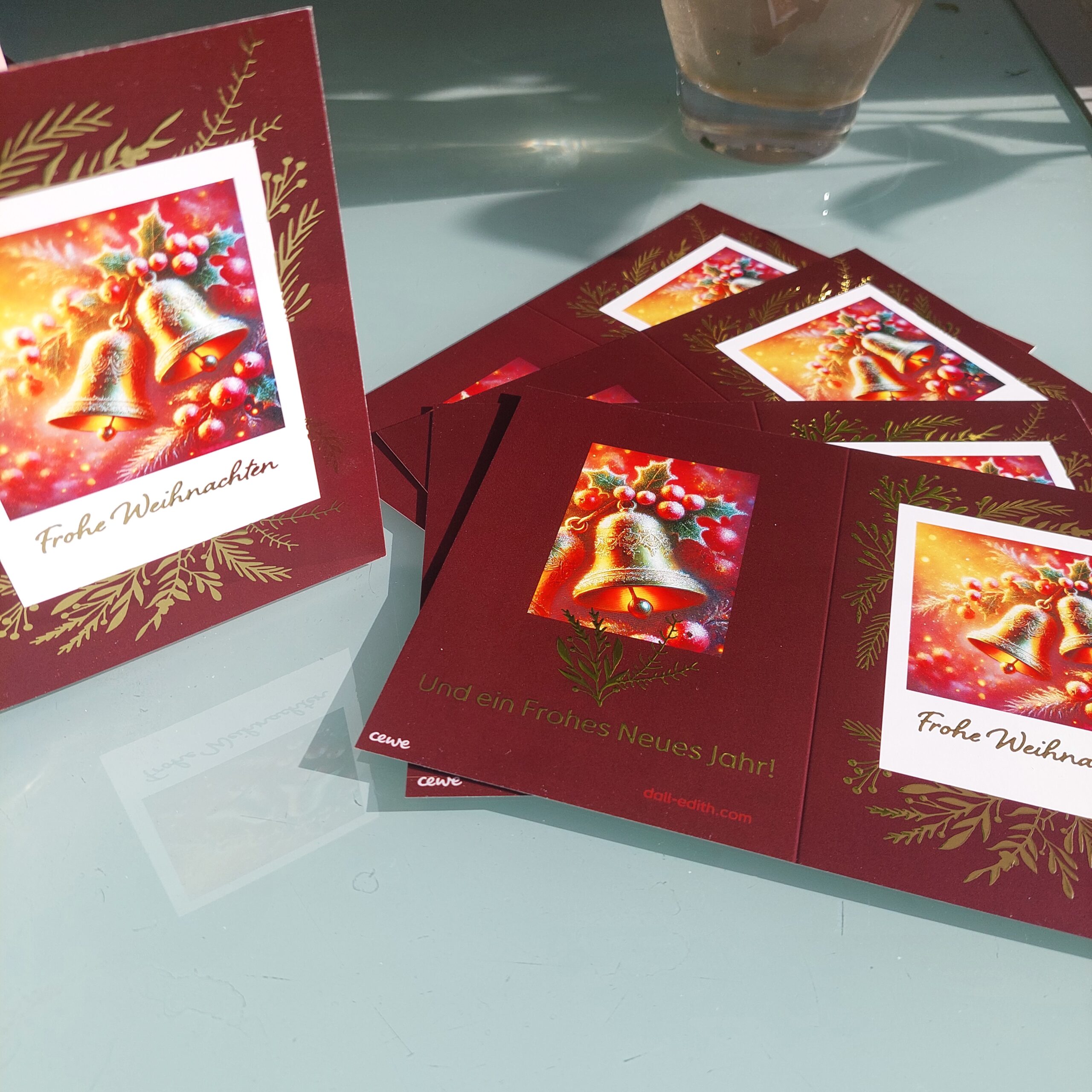 5er Set Weihnachtskarten "Goldene Glocken" in rot auf einem Tisch