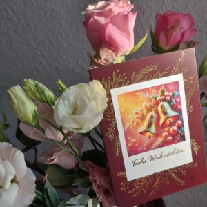 Weihnachtskarte ‚Goldene Glocken‘ in Rot | Elegante Klappkarte mit Glanz