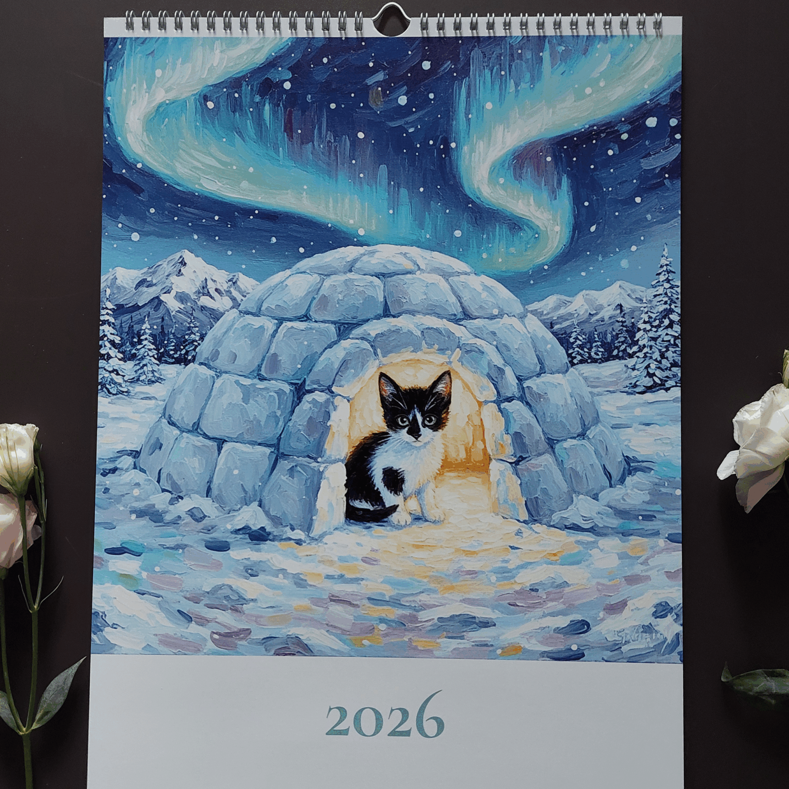 Katzenkalender 2025, Katze im festlichen Iglu