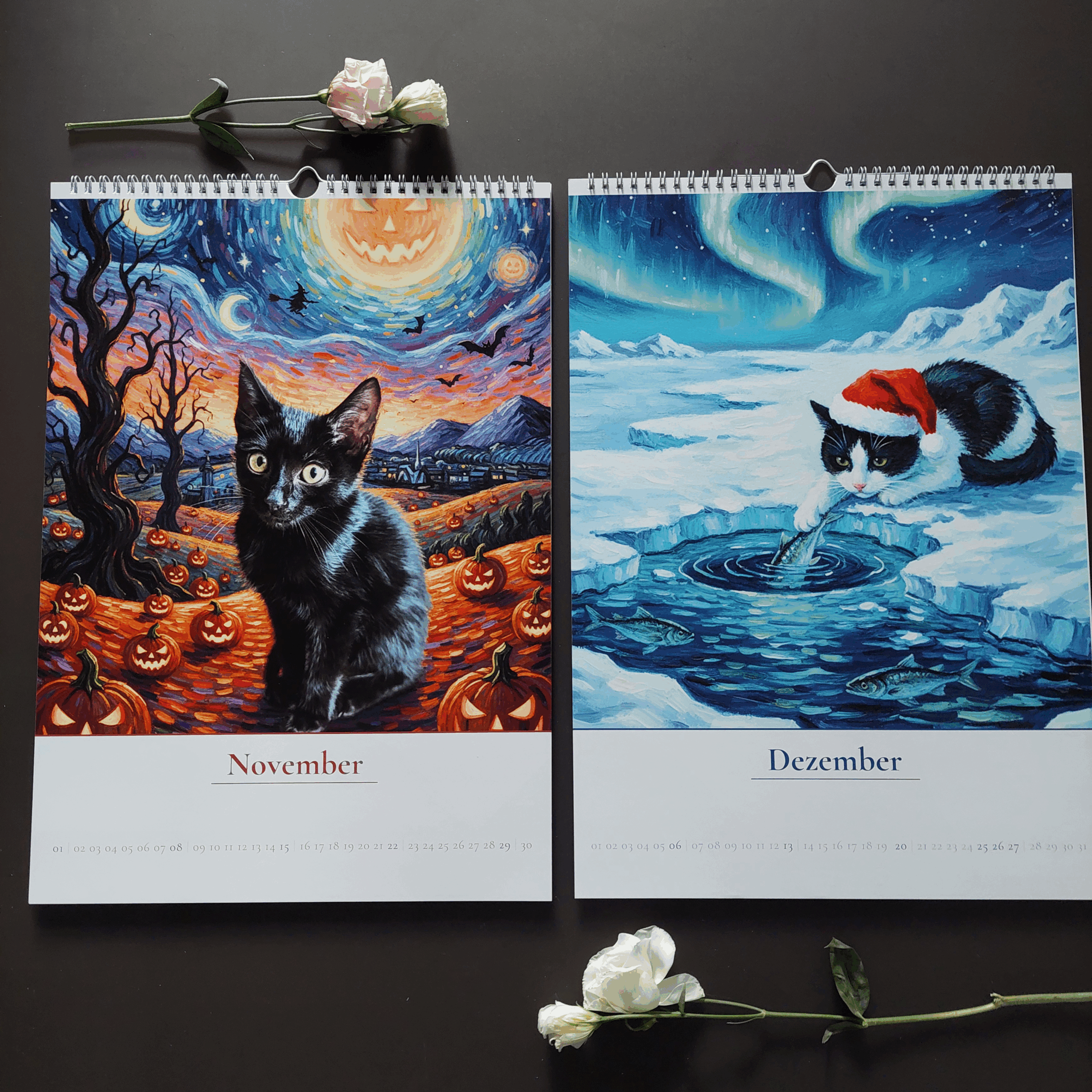 November- und Dezemberbild des Katzenkalenders 2026 mit einem fischenden Kater im Eis
