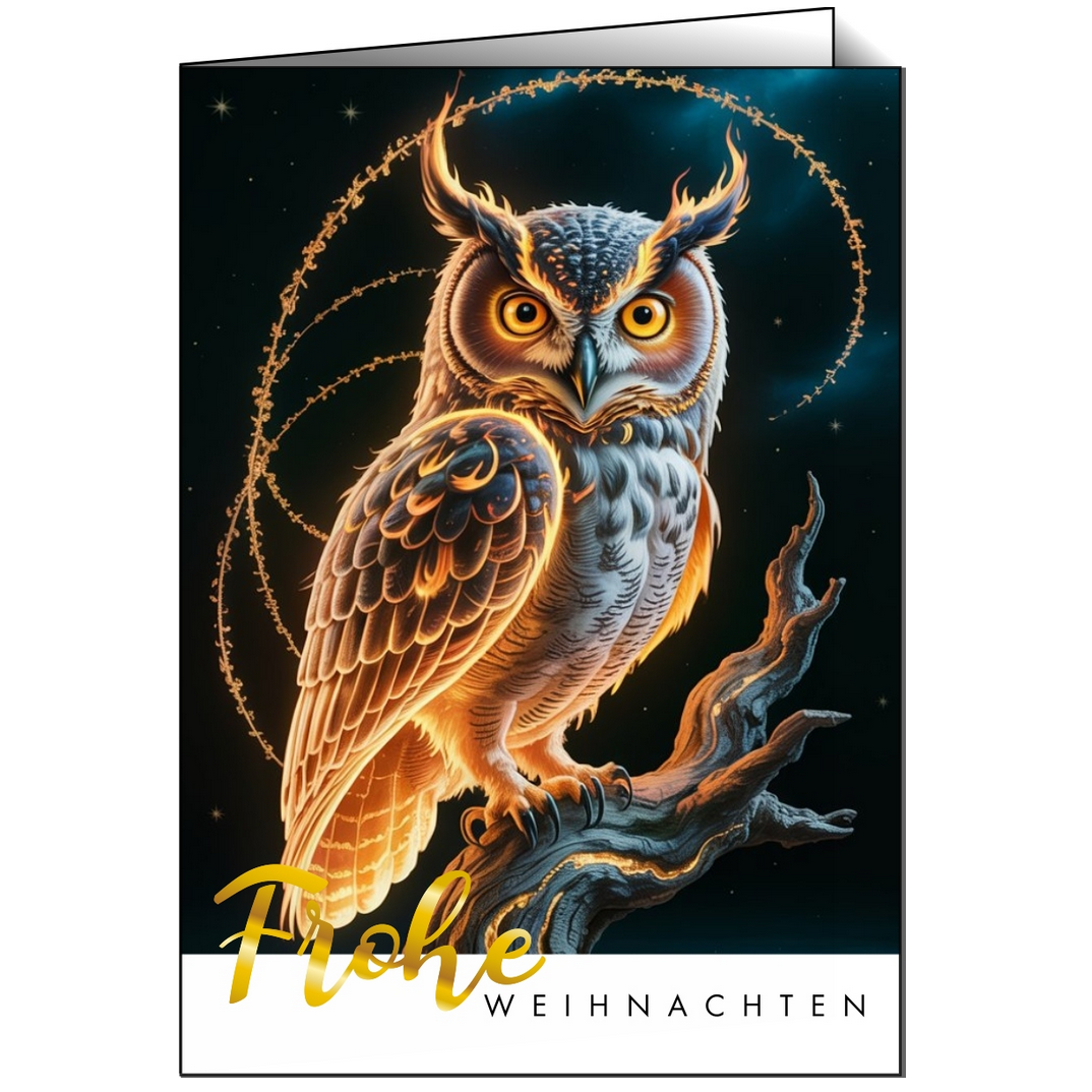 Magische Eule im Winterlicht – edle Weihnachtskarte „Weise Weihnacht“ von Edithion, Premiumdruck für anspruchsvolle Kund:innen.