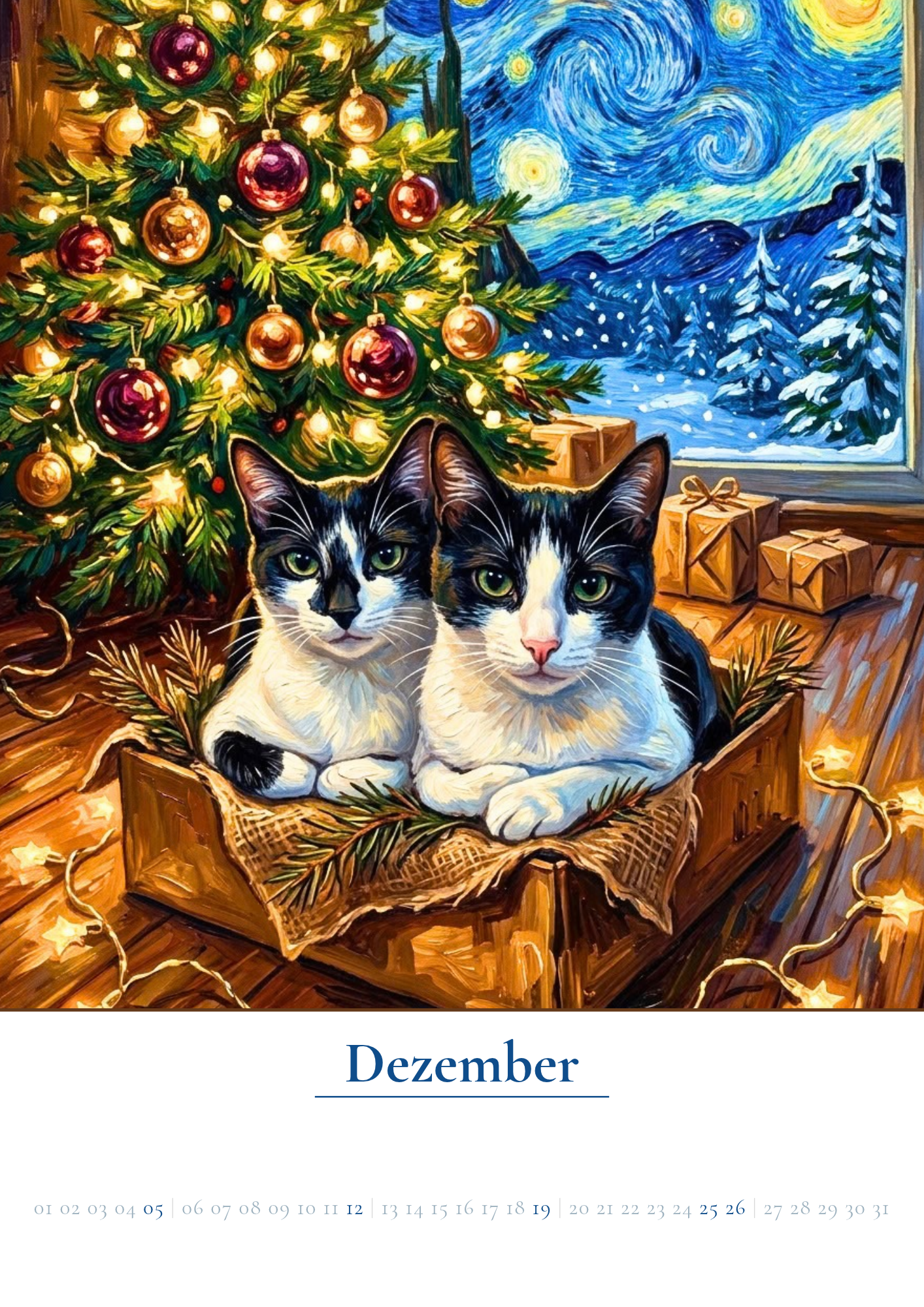 Katzen im Karton vor dem Weihnachtsbaum im Katzenkalender 2027