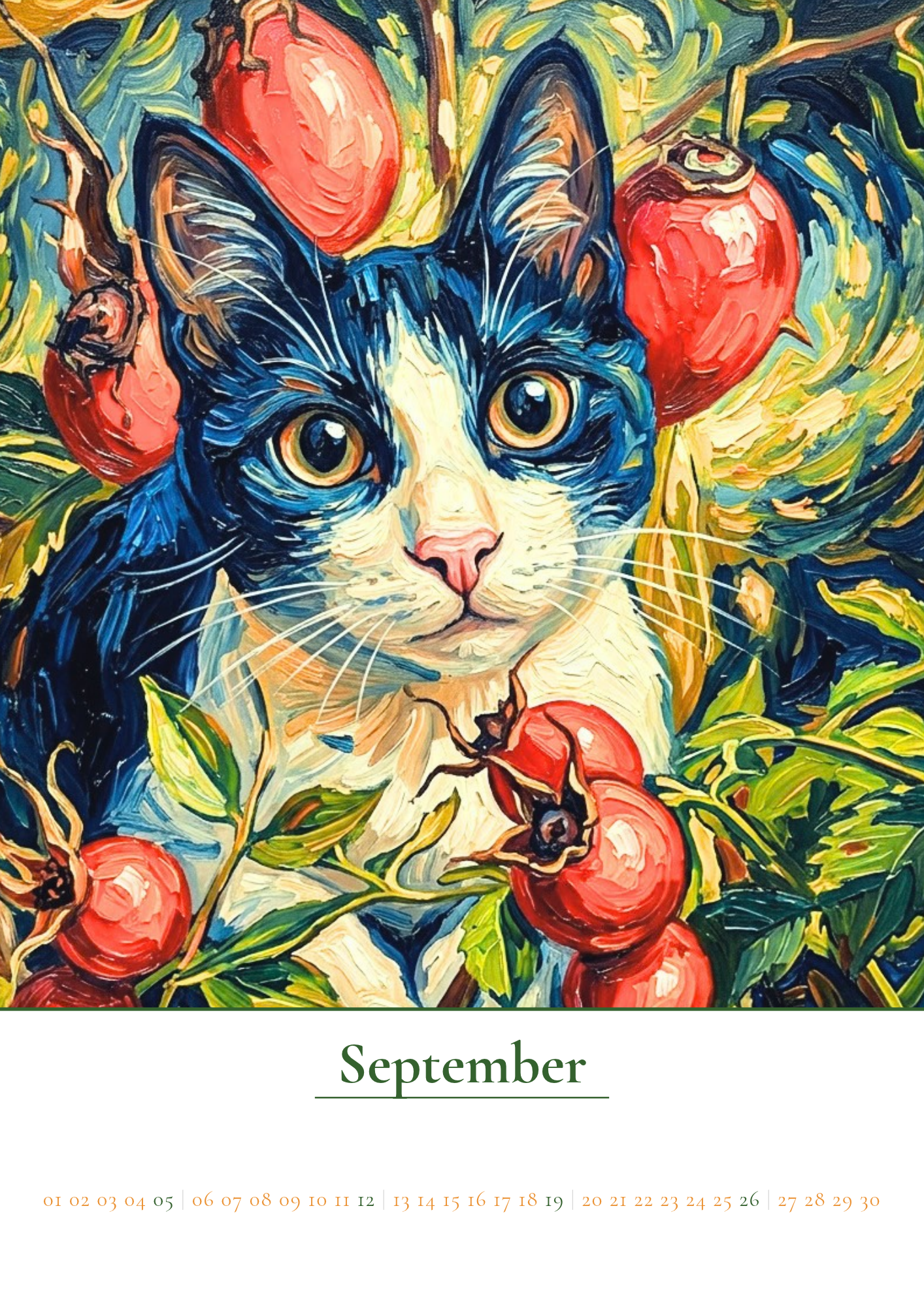 Katzenmonat Oktober in voller Hagebutten und die Katze mittendrin im van Gogh Stil gemalt.